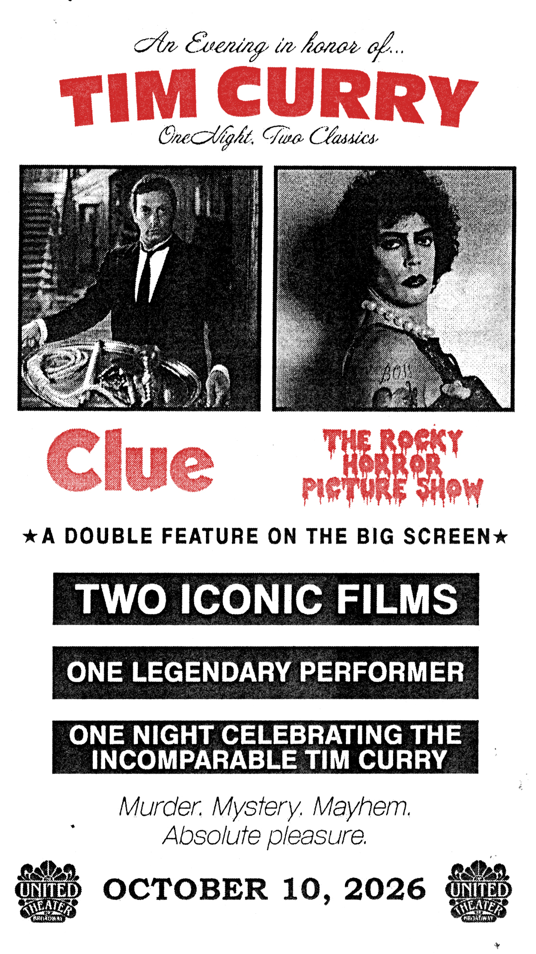 MEMBERS ONLY: Tim Curry Tribute at The United Theater on October 10th, 2026
